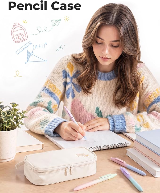 Four Candies Large Pencil Case, 5 Compartments Pen Organizer, Big Capacity Canvas Pencil Pouch Bag for School Supplies, Portable Stationery Holder for Teen Girls, Women (White)