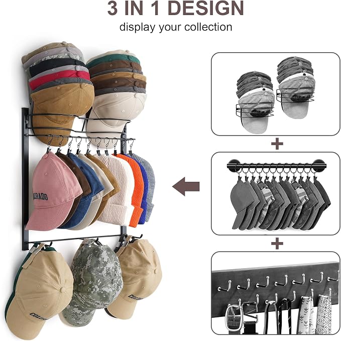 Hat Rack, Metal 3-Tier Wall Organizer Holds Up to 45 Caps with 10 Clips | 3-tier wall rack stores 45 baseball caps. 10 removable clips organize hats, scarves, sunglasses and small accessories