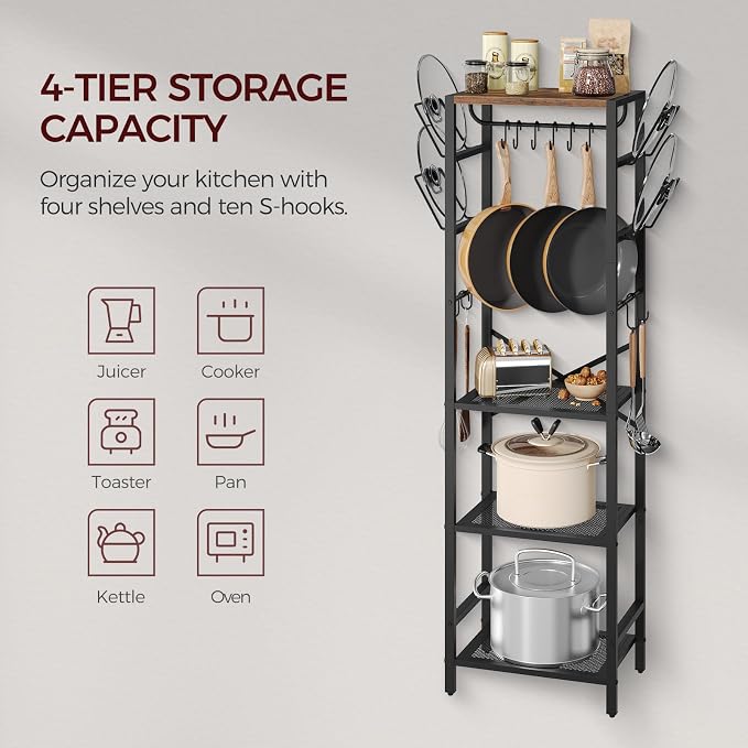 MAHANCRIS 4-Tier Pot Rack, Pots and Pans Organizer for Kitchen Corner, Kitchen Storage Rack with U-Shaped Lid Holders, Freestanding Cookware Stand, Rustic Brown and Black POHR3001