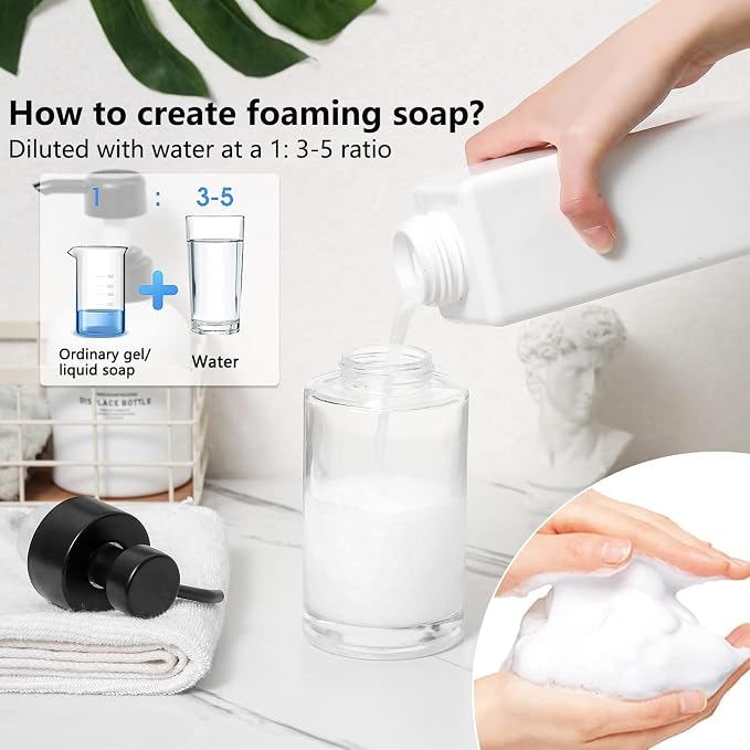 Foaming Soap Dispenser Set, 12 Oz Glass Hand Soap Dispenser with 304 Rust Proof Stainless Steel Pump, Waterproof Labels, for Bathroom Decor Kitchen College Dorm, Clear Black Pump 2 Pack | Rust Proof Black Pump, Sturdy, Clear Empty Foam Bottle with Wate...