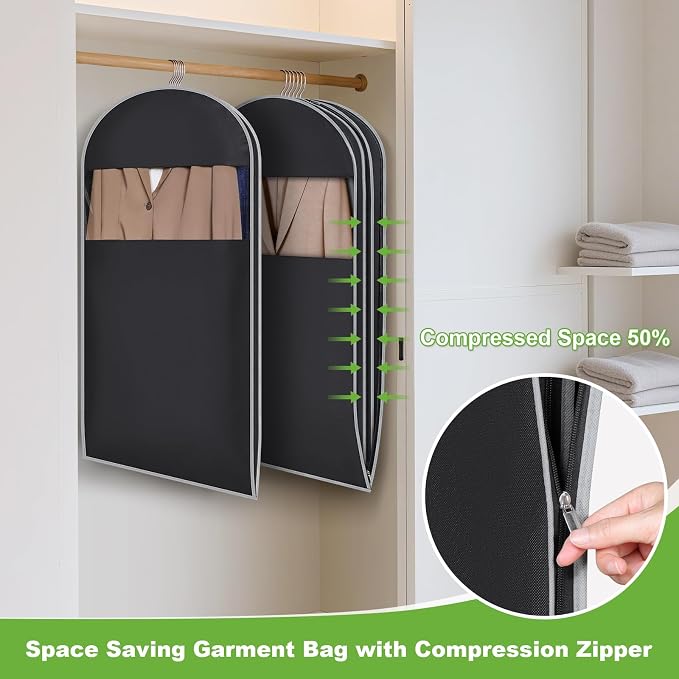 KEEGH Space Saving Hanging Garment Bag with Self Compression Zipper 40 Inch, Compression Garment Bags for Hanging Clothes with Clear Window, Suit Bags for Closet Storage (2 Pack)