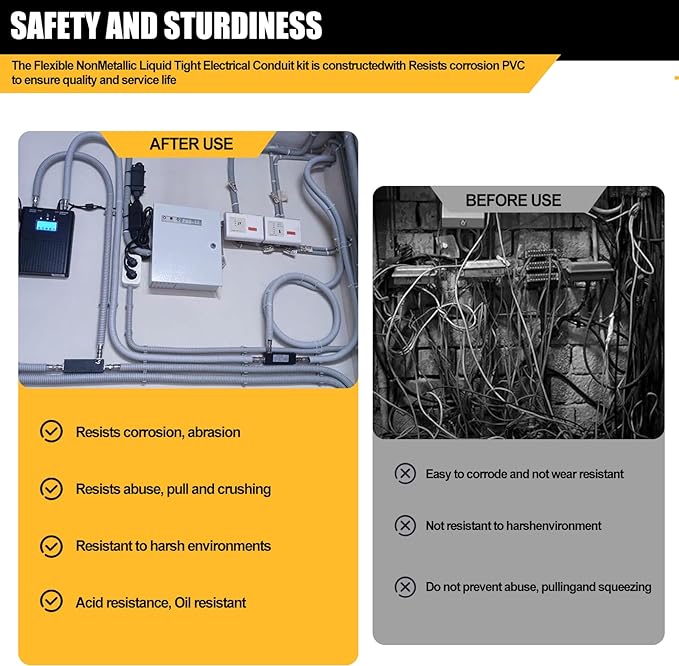 1/2 inch 150 Foot Liquid-Tight Conduit and Connector Kit, Flexible Non Metallic Electrical Conduit, With 10 Straight and 10 Angle Fittings and Pipe Strap