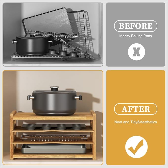 4 Tier Rubber Wood Tray Dividers for Cabinets, Heavy Weight Kitchen Vertical Tray Divider Organizer, Storing pans, Baking trays, Cutting Board(16.7" W x 8.9" H x 12.4" D)