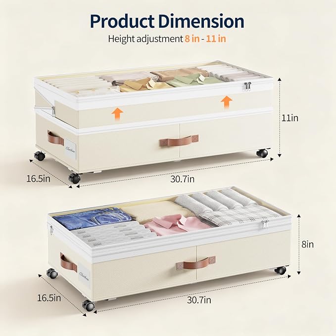 Yecaye Under Bed Storage with Wheels, 8 in-11 in Height Adjustable Under Bed Storage Containers, 90 L Under Bed Shoe Storage with Lids & Label, Rolling Underbed Storage bins for Clothes, Beige