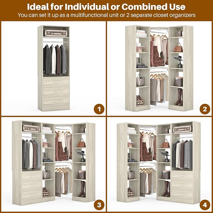 Besiost Corner Closet System with 3 Drawers, Corner Closet Organizer System with 13 Shelves & 3 Hanging Rods, 63.2"L * 39.2"W Reversible L Shaped Walk-in Closets, Load 2000+LBS, White Oak