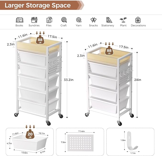 6 Tier Rolling Cart with Drawers, Plastic Drawer Storage Craft Cart with Pegboards & Hooks, Metal Utility Cart with Wheels & Wooden Tabletop, Classroom Office Art Supply Organizers and Storage, White