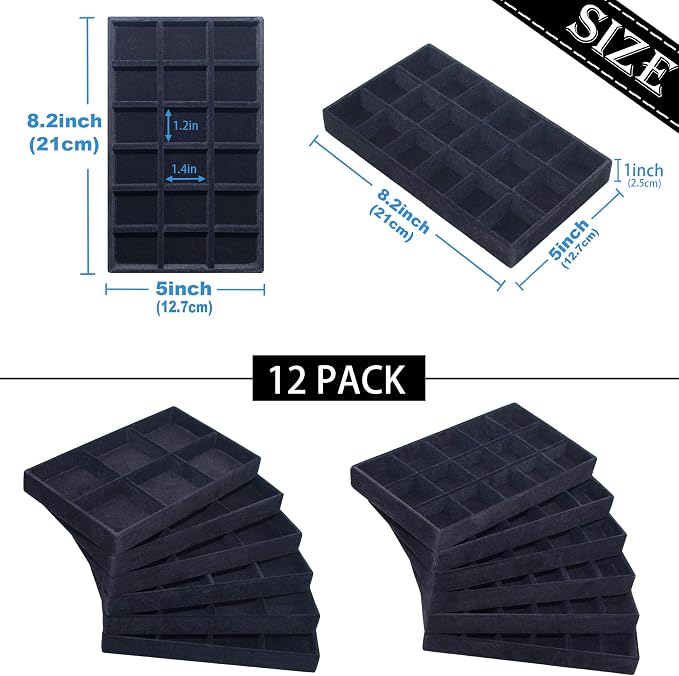 12 Pack Velvet Jewelry Drawer Organizer Trays Stackable Jewelry Storage Inserts Set Jewelry Tray for Earring Necklace Rings Bracelet with Removable Dividers for Dresser & Vanity,Black