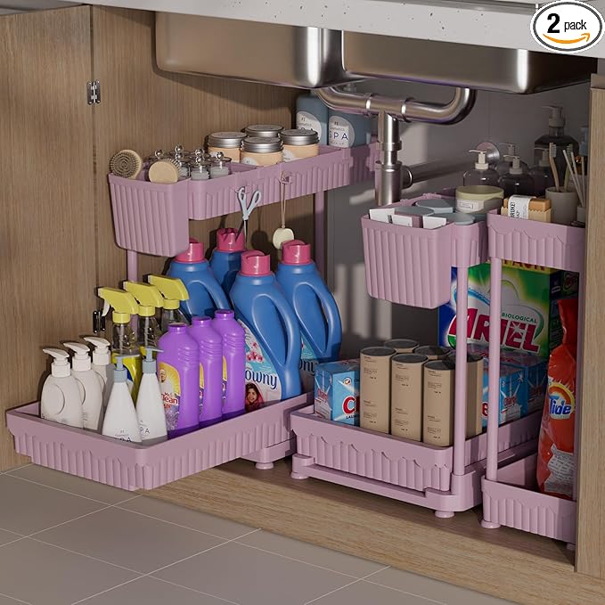 Sevenblue 3 Pack Multi-Purpose Under Sink Organizers and Storage, 2026 L-Shaped Pull Out Cabinet Organizer for Bathroom & Kitchen, Under Cabinet Organizer with Hooks Hanging Cup (Pink, 14.85 inch)