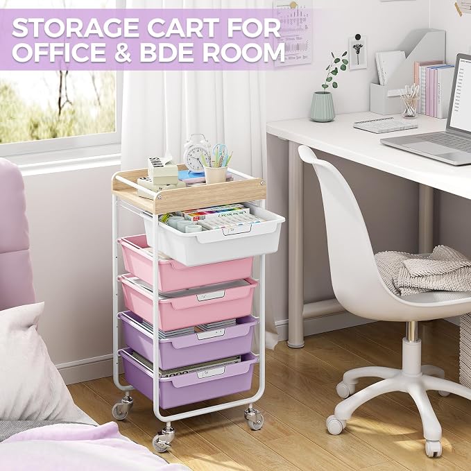 SYKIARIOL Utility Cart with 5 Labeling Drawers and Wooden Tabletop – Rolling Storage Cart for Crafters, Artists, Kids, Teachers, and Students – Organize Arts, Crafts, Sewing & Study Supplies