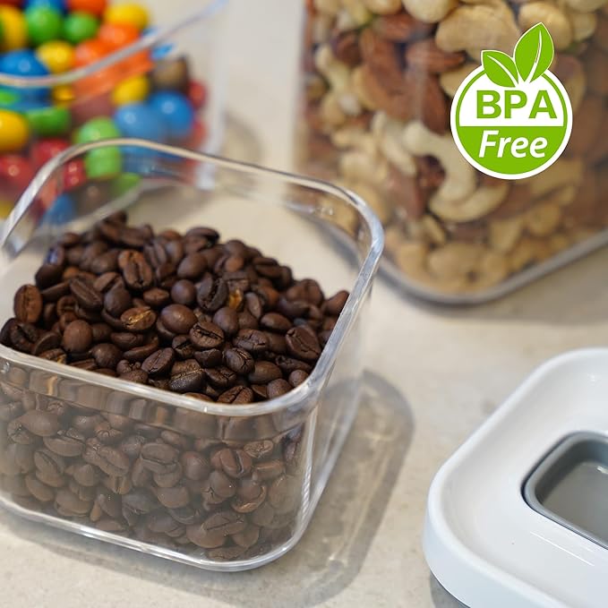 LISI One-Touch Seal Food Storage Containers with Lids, Airtight Stackable BPA-Free Plastic Pantry Canisters for Kitchen Organization, Includes Labels, Marker, Cups & Brush