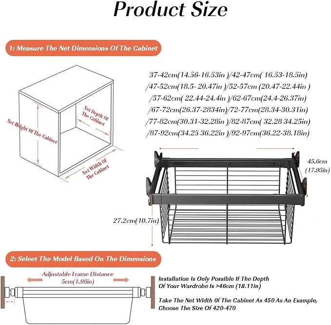 Closet Pull-Out Basket,Aluminum Alloy Stackable Storage Bins,Black Stackable Shelf Baskets Organizer,for Office Living Room Bedroom,Black-34.25-36.22in