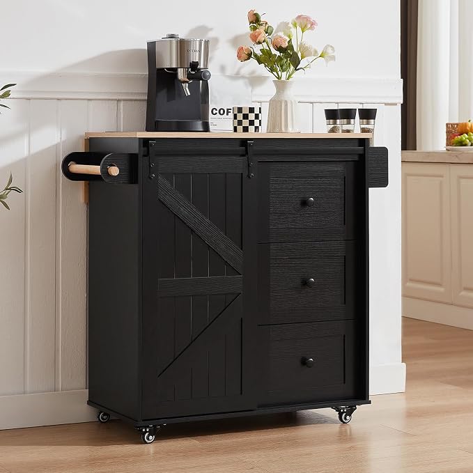 ONBRILL 31.5" Farmhouse Kitchen Island with Drop Leaf & Power Outlet, Rolling Kitchen Cart with Sliding Barn Door, Portable Island Table with 3 Drawers, Spice Rack & Towel Holder