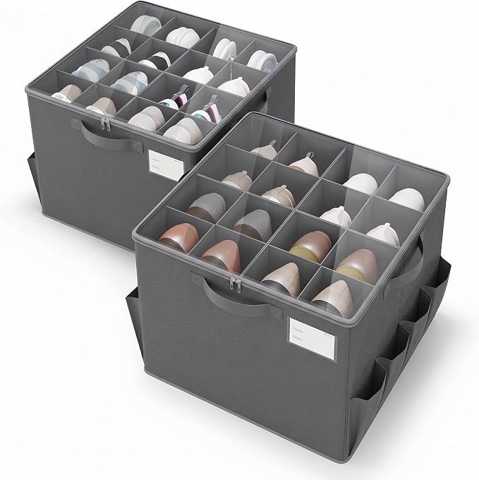 Varhomax Shoe Organizer Box 2 Pack for Closet, Fabric Shoe Storage Bin with Adjustable Dividers & Clear Cover, Holds up 16-32 Pairs of Sneakers & Sandals for Entryway, Cubby (Gray)