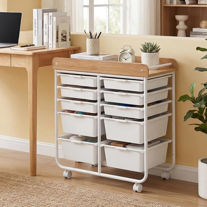 LDAILY Rolling Cart with Drawers, 10 Drawer Rolling Storage Cart with Wooden Tabletop, Metal Frame & Lockable Wheels, Craft Organizers and Storage for Home Office Classroom (White, 10 Drawer)