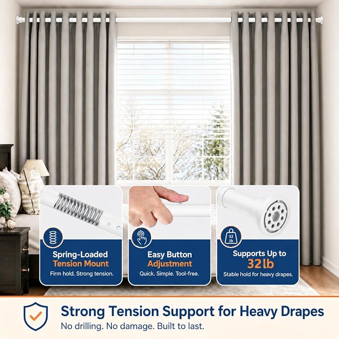 ALLZONE Tension Curtain Rod for Window, 2 Pack 83-123 Inches, Heavy Duty Curtain Rods No Drilling, Non-Slip Bathroom Shower Tension Rod, Renter Friendly, Adjustable, Spring Loaded, Extra Long, White