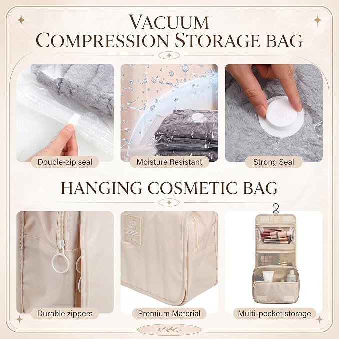 16 Set Vacuum Compression Packing Cubes and Expandable Storage Bag Travel Essentials with Hand Pump for Suitcase Organizer Bags in 6 Sizes with Shoe Laundry Hanging Cosmetics Bag