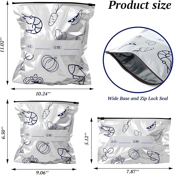 Reusable Aluminum Foil Sealable Storage Bags - Freezer Bags, Resealable Stand Up Pouches for Fresh Keeping, with Label, Zip Lock, Suitable for Vegetable, Fruit, Meat, and More,3 Size (30)