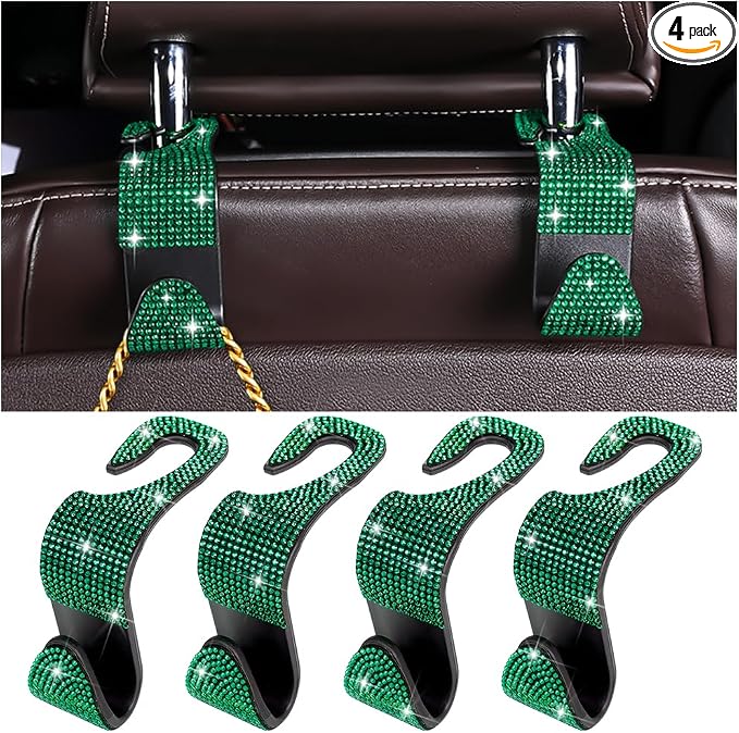 Zpana 4PCS Bling Car Seat Headrest Hooks, Vehicle Back Seat Purse Handbag Hanging Holder with Crystal Rhinestone, Diamond Storage Organizer Hook, Universal Automotive Accessories (Green)