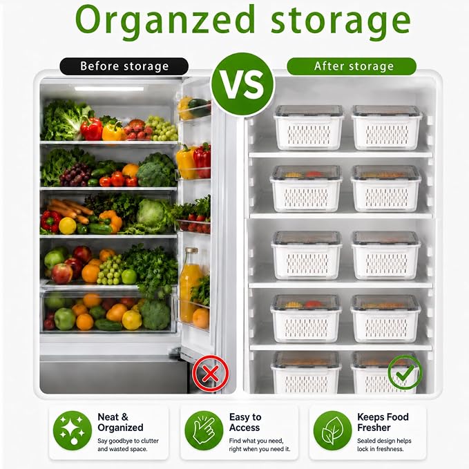 UFORU 4 Pack Fruit Storage Containers, Airtight Produce Saver for Fridge | Airtight refrigerator storage containers with removable colander and stackable design for berries, fruits and vegetables