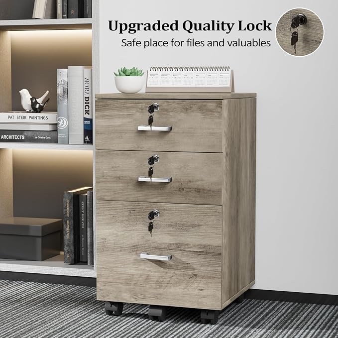 VINGLI 3-Drawer File Cabinet with Lock, Wood Rolling Under Desk File Cabinets for Home Office, Mobile Printer Stand & Filing Organizer for Letter Sized Files, 26" H(Caster Included), Rustic Gray