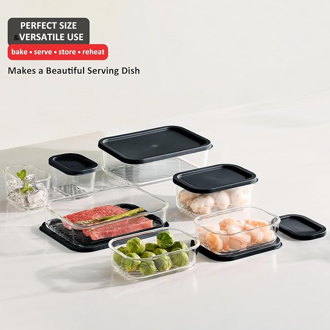 EATEX 14 Pack Glass Meal Prep Containers with Grooved Base, 14 Stackable BPA Free Glass Storage Containers with Lids for Lunch, Pantry, and Kitchen - Microwave, Dishwasher Freezer & Oven Safe - Black