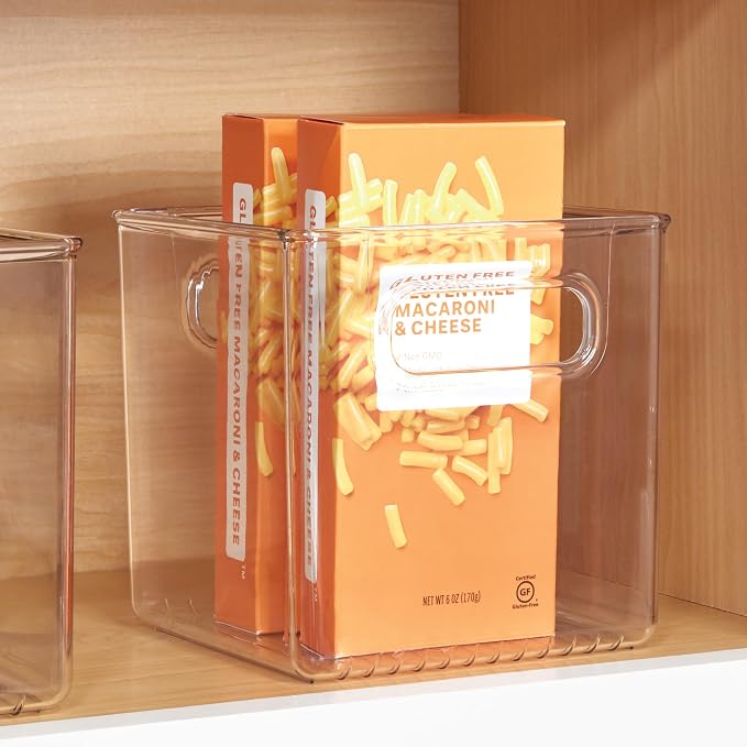 iDesign Storage Bin with Handles, Cube Organizer, Set of 4, Clear | For Pantry, Made in USA