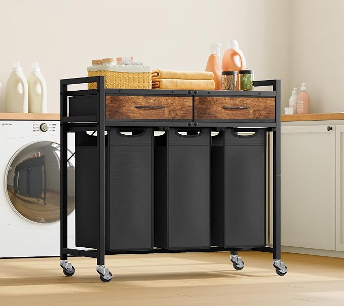 Laundry Sorter 3 Section, 120 L Laundry Hamper with 2 Drawers & 2-tone Top Panel, Rolling Laundry Basket Organizer with Pull-Out Removable Oxford Fabric Bags for Laundry Room Organization