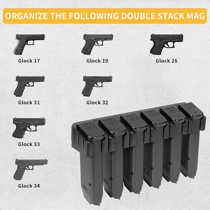 Adoreal Magnetic ABS 6 Standard Double Stack Mag Rack Wall Mount, Wall Magazine Display, Detachable Wall Mags Storage Organization System, Precision Fit Glock 17, 19, 26, 31, 32, 33, 34 Mags