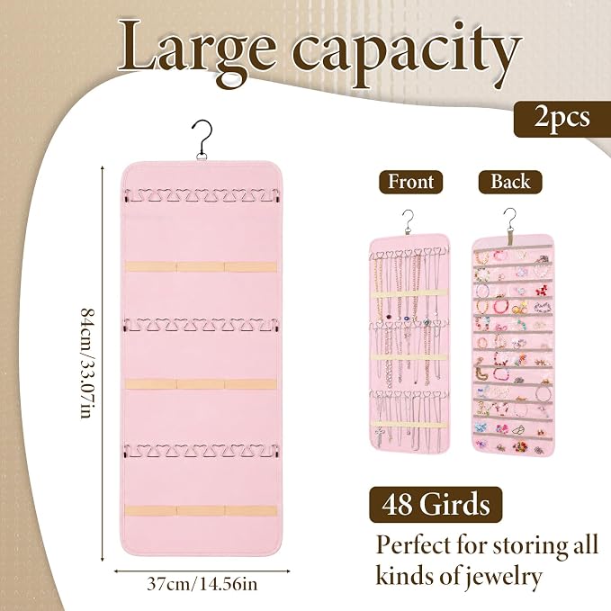 2 Pack Hanging Jewelry Organizer Storage with 48 Pockets and Hooks Dual-Sided Hanging Jewelry Organizers and Storage Hang on Closet, Wall, Door for Earrings, Necklaces, Rings,Pink