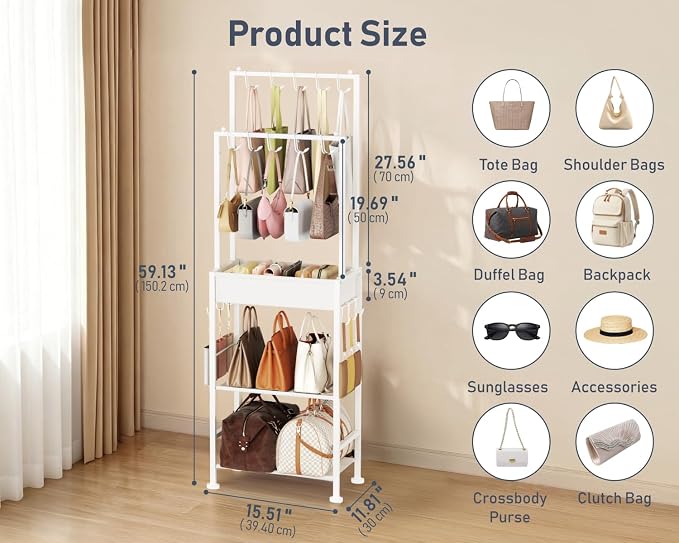 DIMJ Purse Organizer for Closet - Floor-standing Handbag Organizer Rack with 16 Hooks, Purse Storage Shelf Stand for Handbags, Totes, Wallets, Scarves, Bedroom Entryway and Walk-in Closet, White