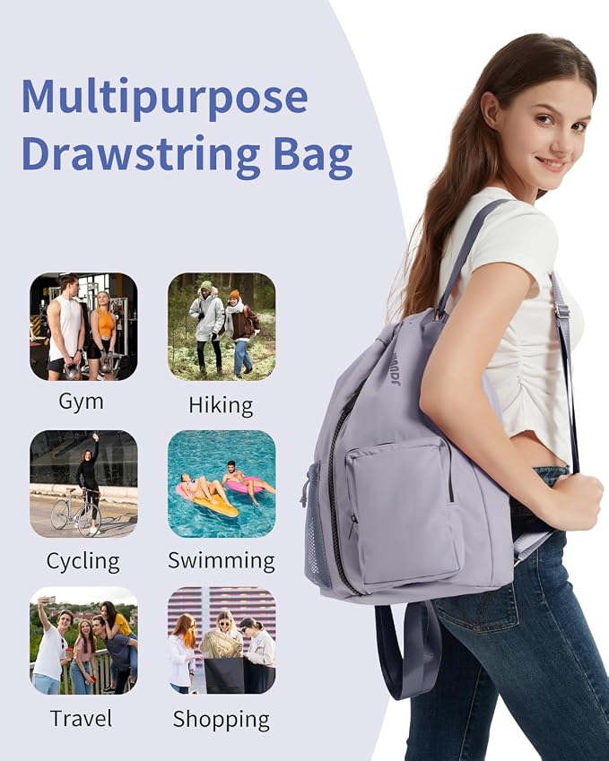 WANDF Drawstring Backpack with Shoe Compartment, Sports Gym Bag | Multi-Pocket Storage, Water-Resistant Fabric, Cinch String Bag