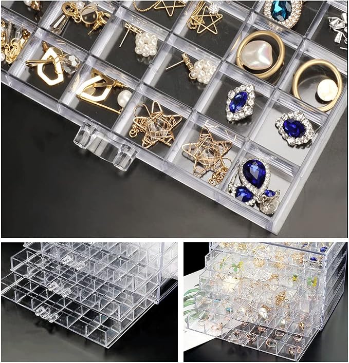 QIYUSHRY Earring Storage Box Acrylic Jewelry Storage Holder Ring Clear Plastic Transparent Jewelry Display Stand with 5 Drawers 120 Small Compartment Tray for Women Girls