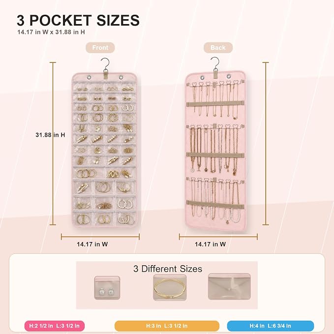 Hanging Jewelry Organizer, Dual-Sided Necklace Holder with Multiple Clear Pockets - Wall Mount & Over The Door Closet Storage for Earrings, Rings, Bracelets - 360° Rotating Hanger (1, pink, XL)