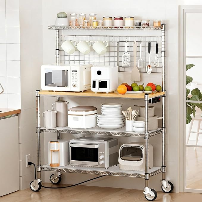 Bakers Rack with Power Outlet & Storage,36In Microwave Stand Kitchen Cart | 4-Tier Metal Kitchen Shelves Cart with Wheels & 20 S-Hooks for Kitchen, NSF Certified, 63 x 18 x 36 Inch-Chrome