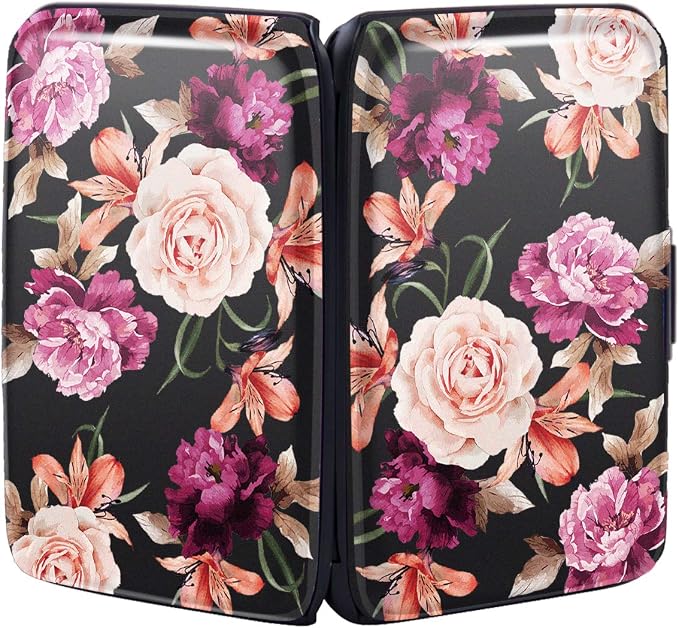 Mini Credit Card Holder for Women,RFID Blocking Slim Hard Card Case ID Case Travel Wallet Black Rose Flowers