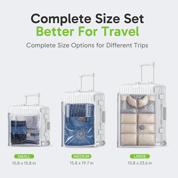 Vacbird Travel Vacuum Bags with USB Electric Pump, 12 Pack Vacuum Bags for Travel, Compression Vacuum Packing Bags for Luggage & Suitcase, Space Saving Travel Bags for Clothes and Clothing,Carry-On