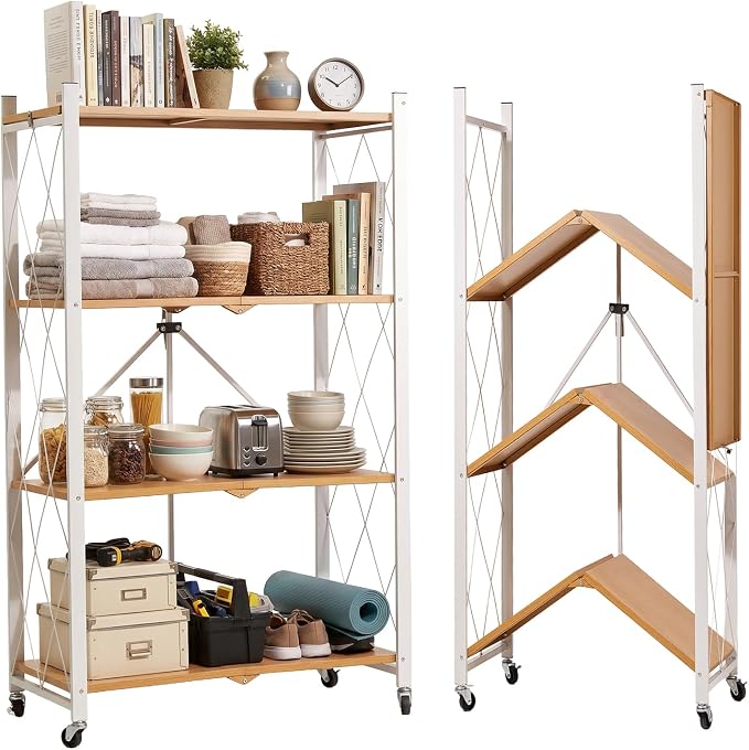 4-Tier Folding Storage Shelves with Wheels – No Assembly, Heavy Duty Collapsible Rolling Shelf Unit for Kitchen, Bedroom, Living Room