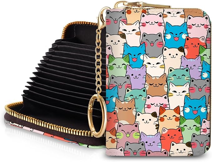 Blusabaca RFID Credit Card Holder Small Women Travel Wallet, Cute Cats | Removable Keychain, Case with Zipper, Vegan PU Leather, Cash Coin Pocket, Business Accordion Purse, Ladies Female Gift