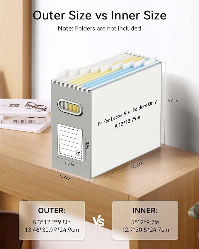 Oterri File Organizer Box, Portable Collapsible Cardboard File Folder Organizer with Handle for Letter Size Hanging Files, Document Storage Box for Home Office & Classroom (4 Packs, Grey)