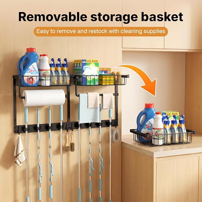 Broom Holder Wall Mount, Broom and Mop Organizer Wall Hanging with Paper Towel Holder & Removable Anti-fall Basket, Wall Mount Cleaning Supplies Organizer for Laundry Room, Apartment, Utility Room