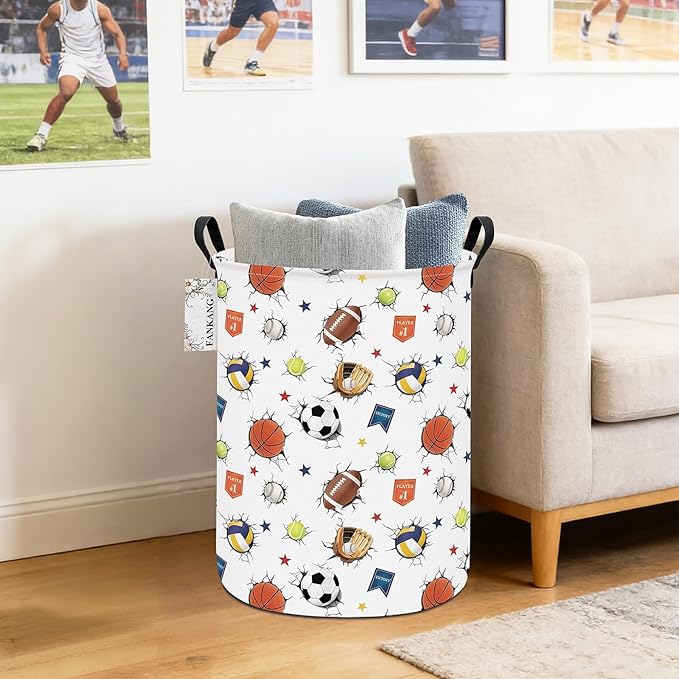 FANKANG Storage Basket, Nursery Hamper Canvas Laundry Basket Foldable with Waterproof PE Coating Large Storage Baskets for Kids Boys and Girls, Office, Bedroom, Clothes,Toys(3D Sports Balls)