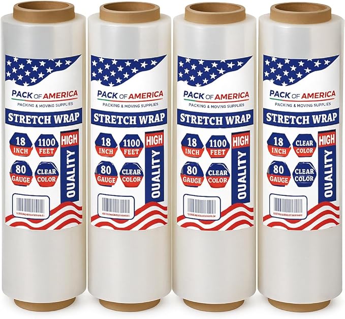 Pack of America Stretch Film - 4 Roll Clear, 18” x 1100 Feet, 80 Gauge (20 Micron) Industrial Heavy Duty Plastic Shrink Wrap and Dispenser for Packing, Shipping, Pallet, Moving Supplies