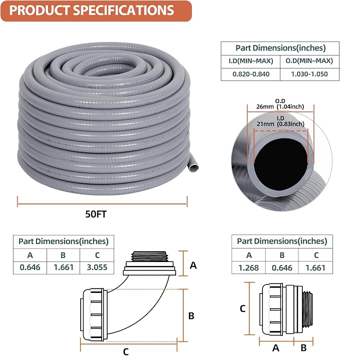 Liquid-Tight Conduit 3/4 50ft w/UL Certification | Flexible Electrical Conduit with 5 Straight and 5 90-Degree Conduit Connector Fittings