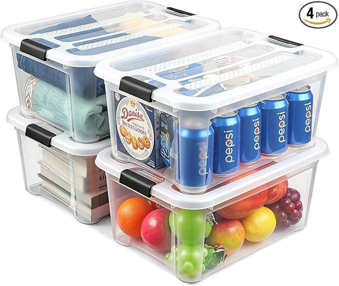 EOENVIVS 15L Clear Storage Bins with Lids, 4 Pack Stackable Plastic Storage Containers with Lids, Latching Storage Boxes and Organizer Bins for Closet, Toys, Crafts and Office