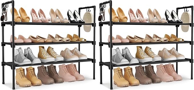 LANTEFUL 3 Tier Shoe Rack for Closet, Shoe Organizer with 5 Hooks, Long Shoe Shelf Storage for Sneaker and Boot Stackable Free Standing Shoe Rack for Entryway, Garage, Small Spaces, Dorm (Pack of 2)