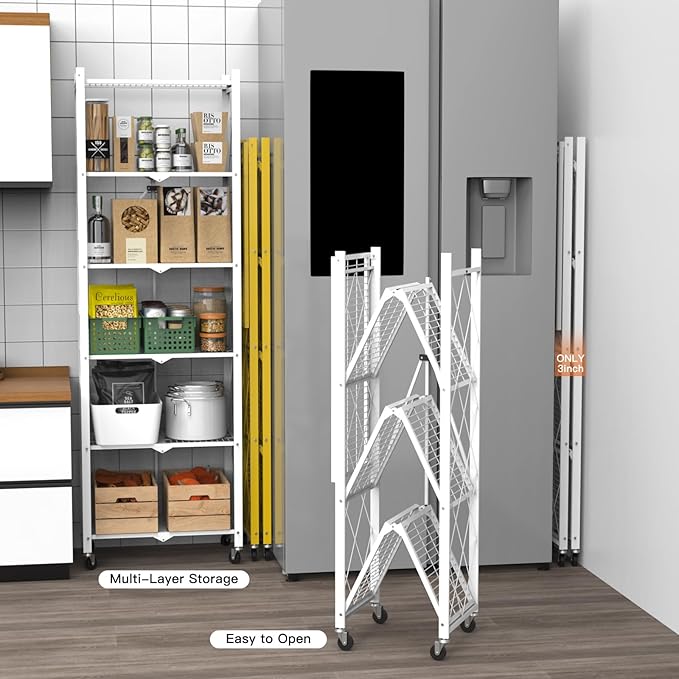 5 Tier Foldable Storage Shelves with Wheels -No Assembly Metal Folding Shelves Collapsible Shelving Unit Display Heavy Duty Rolling Shelf for Home Kitchen Office Room (White, 64" x 13" x 27")