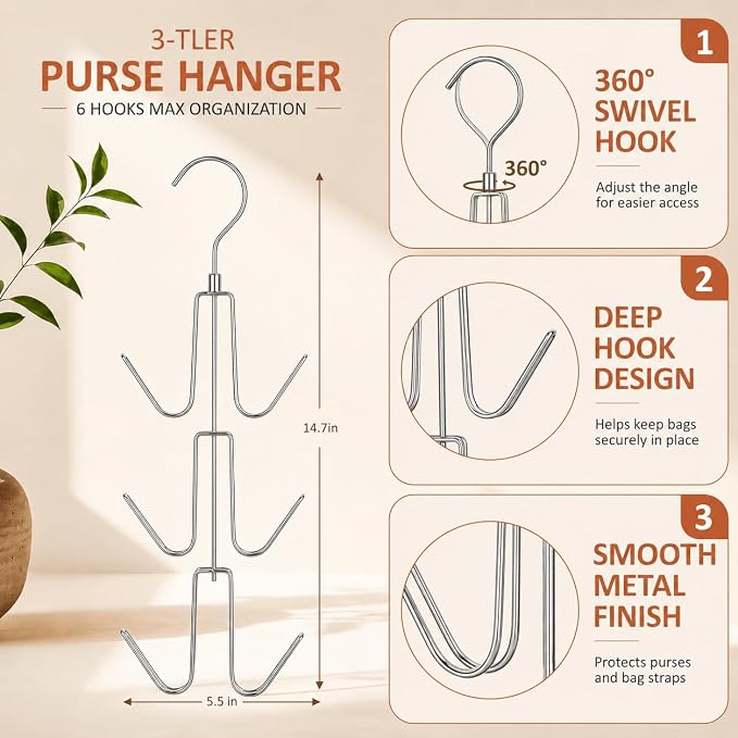 ZEDODIER 3 Pack Purse Organizer for Closet, Heavy-Duty Hanging Purse Hanger Closet Holds Up to 18 Purses, Metal Rotating Space Saving Bag Holder Handbag Storage Hook Backpack Rack, Silver