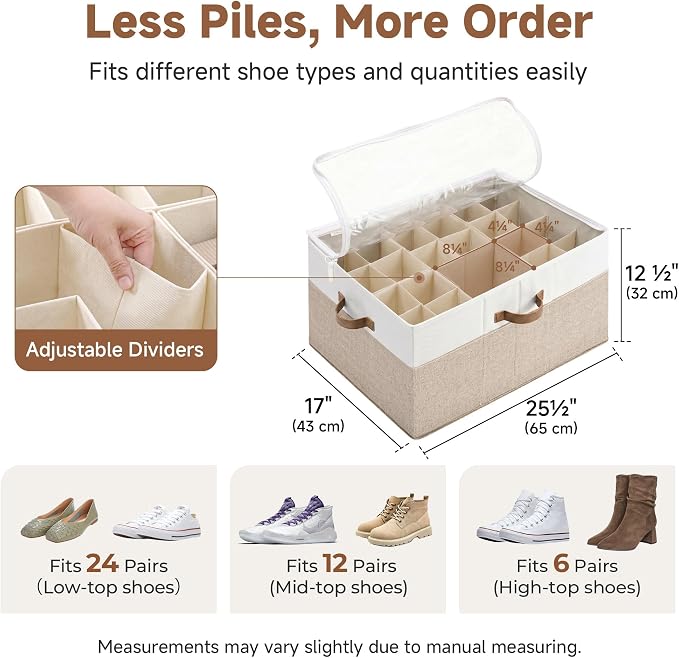 StorageWorks Shoe Organizer for Closet, Fits up to 24 Pairs, Shoe Cubby Storage Containers with Adjustable Dividers and Clear Cover, Brown & White