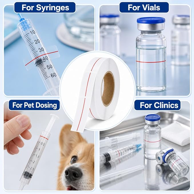 500 Pcs Syringe Red Dose Line Labels Roll 0.5"x1.5", Wmiwulien Clear Dosage Marking, Transparent Bright Red Indicator Line Pharmacy Labels for Veterinary Medical Medication Healthcare Medicine