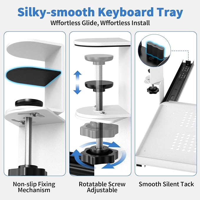 Keyboard Tray Under Desk - Full Metal Slide Out Holder, Rust-Resistant & Scratch-Proof, Double C-Clamps, 26x13" Tray for L Shape/Regular Desks, Standing/Sitting Workstation(White-B)